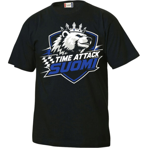 Musta lasten Time Attack Suomi -t-paita, jossa logo rinnassa