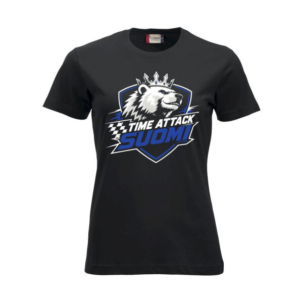 Musta naisten Time Attack Suomi -t-paita, jossa logo rinnassa