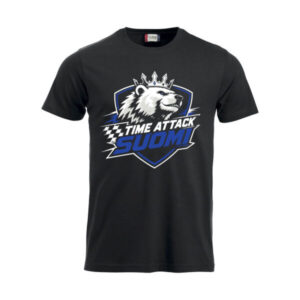 Musta Time Attack Suomi -t-paita, jossa iso logo rinnassa