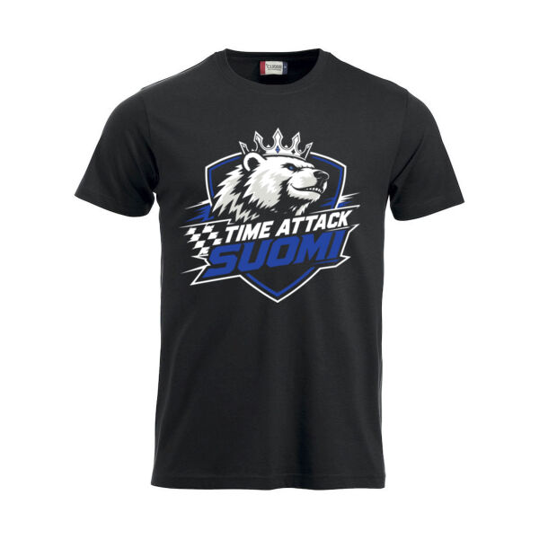 Musta Time Attack Suomi -t-paita, jossa iso logo rinnassa